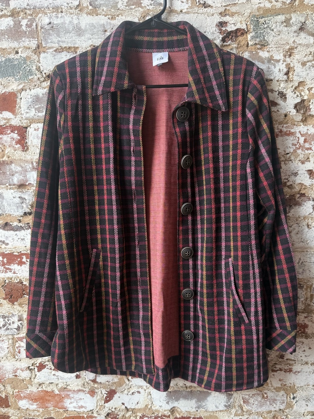CAbi Plaid Button-Front Jacket in Black and Pink